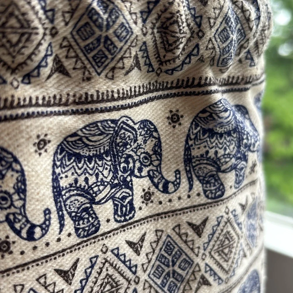 Handmade tum-thai canvas elephant print backpack with rope shoulder straps